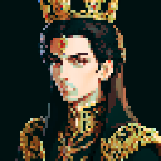 prince, regal, metall crown, black crown, majestic, sharp features, accents, royal robe, intricate embroidery, game icon,  sRGB, skill art, close up, portrait