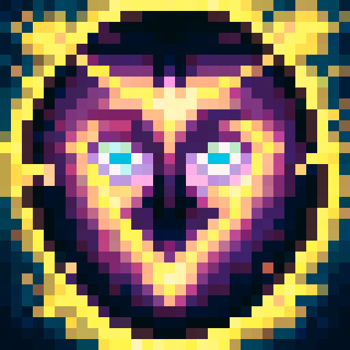 Warlock casting a fiery spell with glowing eyes and intricate runes, depicted in a pixel art close-up portrait with a dark, ominous background for a game icon.