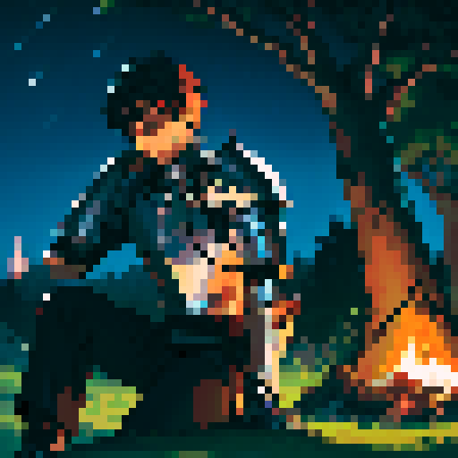 Male knight in full armor resting under a tree at night only lit by the nearby campfire 