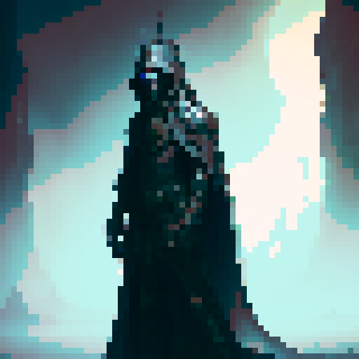 dark lord, medieval fantasy style, sinister aura, glowing eyes, blackened cloak, ornate cape, ancient mask, weapon at his back, looming presence, intense shadows, intricate details, epic scale