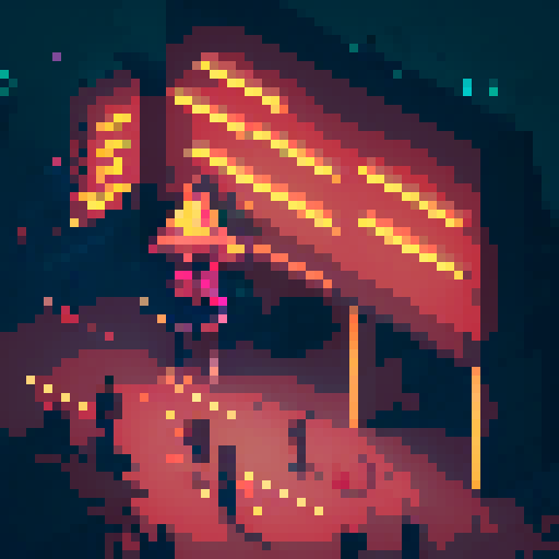 Street merchant assassin girl, neon-lit night market, slicked-back hair, pixelated sniper rifle, fluorescent tattoos, sRGB glow, bustling crowds.
