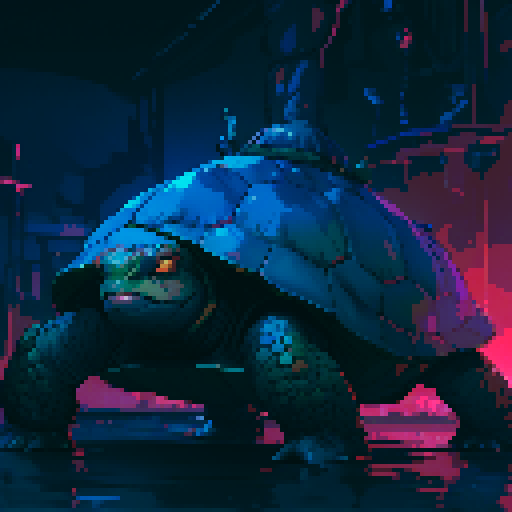 Turtle, small, green, pixelated, 8-bit, sRGB, swimming in a vibrant underwater coral reef surrounded by colorful fish and waving sea anemones