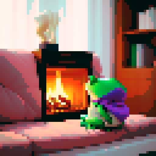 Picture a cozy living room with a crackling fireplace casting a warm glow across the room. A comfortable sofa sits in front of the fireplace, adorned with plush cushions. On the sofa sits a cute little frog, its tiny feet dangling off the edge as it leans back against one of the cushions, looking utterly content.

Next to the frog is a small coffee table, upon which sits a steaming cup of coffee, the aroma wafting through the air. The frog reaches out with one hand, delicately grasping the cup, 