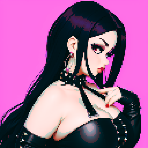 curvy, busty cute goth babe with studded collar, big titty goth wearing halter top, side view, close up glamour shot, pixel art, sRGB