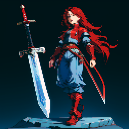 sprite, JRPG character, red hair, silver armor, blue pants, black shoes, sword, sRGB, pixel art