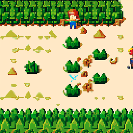 archaeologist with rugged explorer attire, wielding a trowel as big as a sword, surrounded by lush greenery, a pixelated forest, vibrant wild animals, reminiscent of NES Zelda, NES color pallete