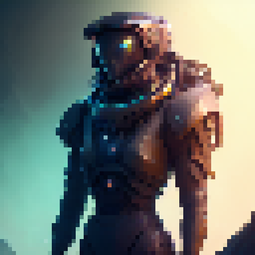 Futuristic knight surveys lush green planet with towering trees, bioluminescent flora, and hovering drones in a sleek, cyberpunk art style.