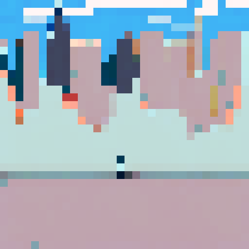 Mars Building with towering, futuristic skyscrapers, bustling pixelated city, ARNE32 palette, otherworldly structures, pixel art, no details