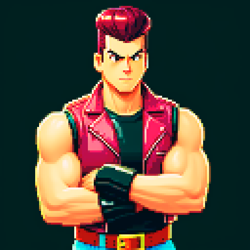 semi muscular greaser with pompadour and leather vest, 8-bit pixel art, vibrant sRGB colors, retro arcade game style