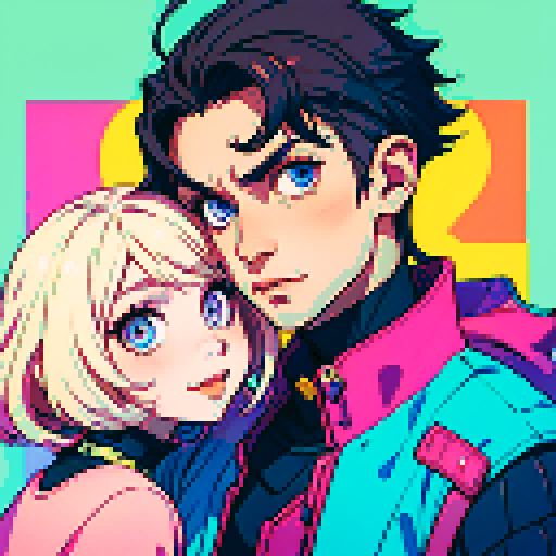 happy couple portrait, modern fashionable clothes, vibrant colors