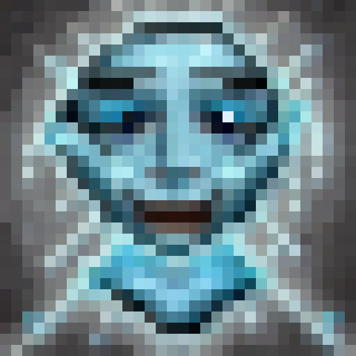 Icy blue Frostbolt whizzing through a dark, snow-covered forest, leaving behind a trail of sparkling frost crystals, rendered in pixelated 32x32 skill art style.