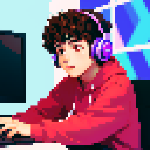 Close-up of a brunette curly boy developer with headphones, coding on screen, vibrant sRGB pixel art