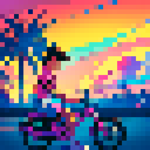 80s kid, Earthbound, Ness riding his trusty bicycle through a vibrant, pixelated retro landscape with neon signs, palm trees, and a colorful sunset sky