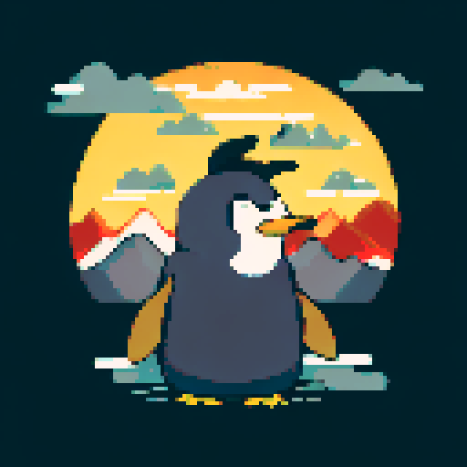 Penguin in nature, mountains on background, black and white, vector