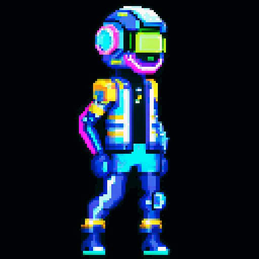 cyberpunk space trader sprite, cybernetic arm with intricate detailing, glowing yellow-orange visor over the eyes, trench coat with glowing lines, confident posture, mid-step left first with arms extended, blue and teal color palette with neon pink and yellow accents, distinct sci-fi aesthetic, pixel art, sRGB