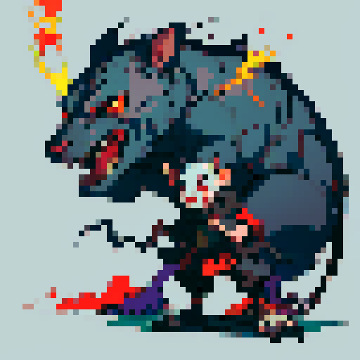 Big, deadly rat, menacingly standing on hind legs, sharp teeth bared, glowing red eyes, pixel art, vibrant sRGB colors