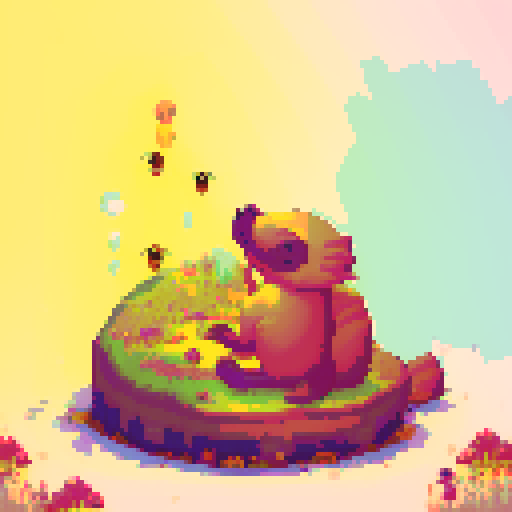 Honey badger, lovely, pixel art, vibrant colors, playful stance, surrounded by buzzing bees, honey dripping from its paws, whimsical flowers in the background