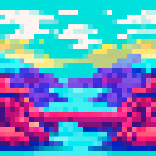 Anime character with vibrant, flowing hair in a pixel art style, against a scenic background with a breathtaking landscape