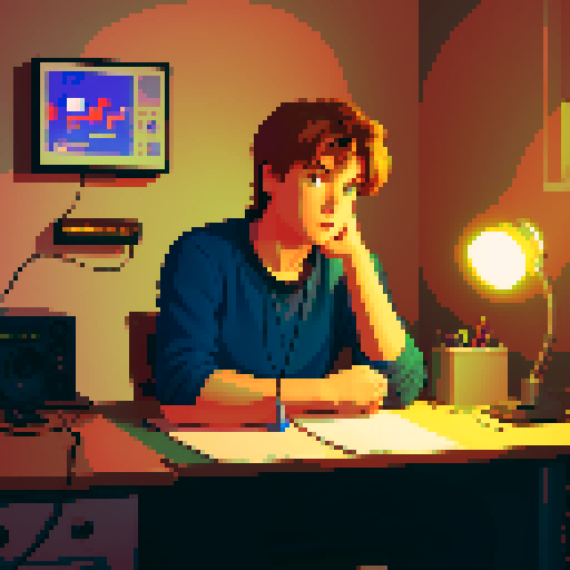 solo male protagonist, sitting at retro desk cluttered with cables and gadgets, illuminated by the soft glow of a pixelated computer screen in a dimly lit room