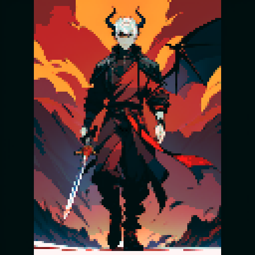 full-body image of a male demon, one winged demon, sexy male, horns, sword, facing right, ready to fight, hellish landscape