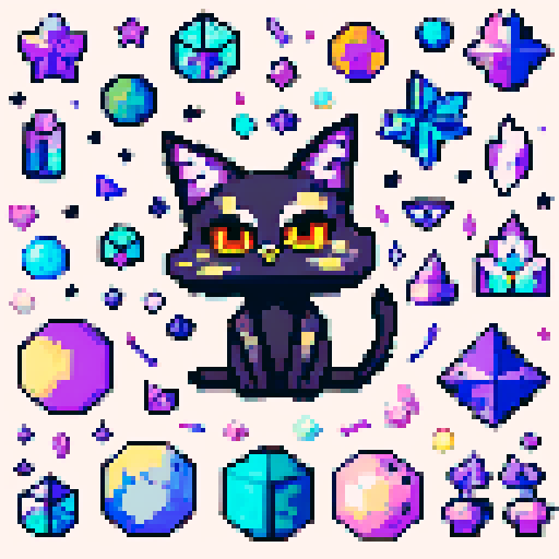 pixel art style collection of witchy objects such as moons cats moths wants stars crystals orbs etc whimsical cute witchy style