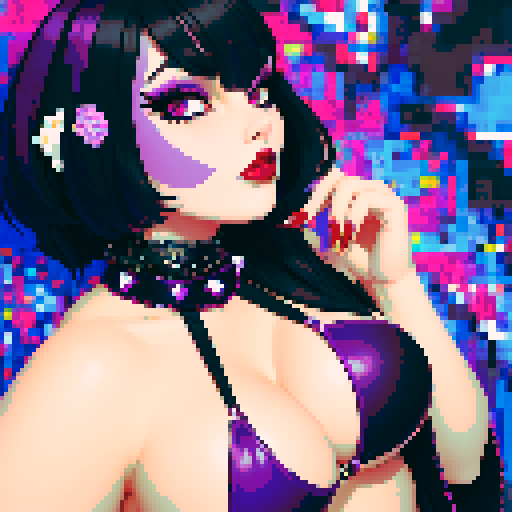 curvy, cute goth woman's face, black hair, purple eyeshadow, red lipstick, studded leather string bikini, face portrait, beauty photo, vibrant sRGB colors, pixel art