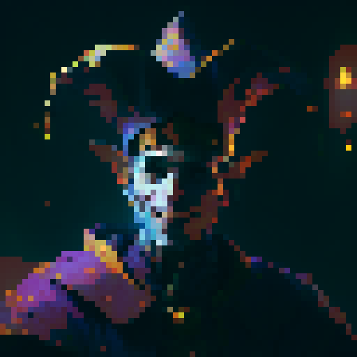 jester, vibrant colors, elaborate costume, mischievous expression, medieval backdrop