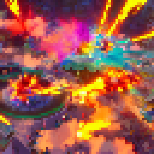 A chaotic battle scene, with colorful sorcery, intense energy blasts, and a clash of swords, all rendered in a vibrant anime style.