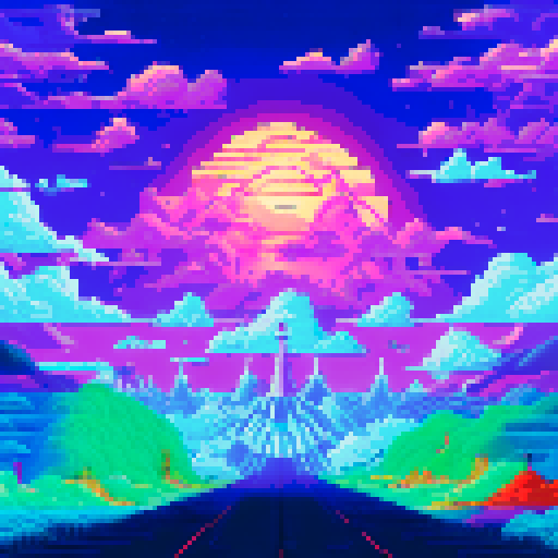Huge, cylindrical space station orbiting a purple gas giant with electric storms, featuring a sprawling landscape of domes, solar panels, and antennae in retro-futuristic pixel art style against a starry sRGB background