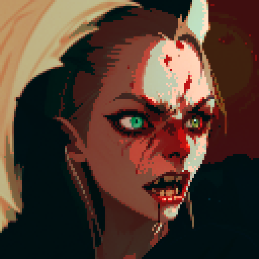 vampire, pixel art, sRGB, blood-soaked fangs, haunting gaze, pale complexion, flowing cape, mesmerizing eyes, feral claws, eerie moonlight, gothic atmosphere, crimson splatters, ethereal shadows, menacing silhouette, sharp incisors, nocturnal charm