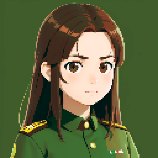 young girl, brown hair, brown eyes, wearing combat green army uniform, upper body close-up, transparent background, clean and detailed, game icon, centered composition, long flowing hair, detailed eyes, slim figure, soft smile
