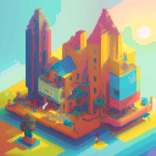 artist painting vibrant, retro-inspired pixel art masterpiece with meticulous brushstrokes and vibrant color palette in sunlit art studio