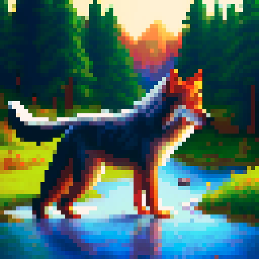 red, pixelated, sprite-style wolfdog, with a vibrant sRGB color palette, set against a detailed pixel art background depicting a serene and majestic landscape