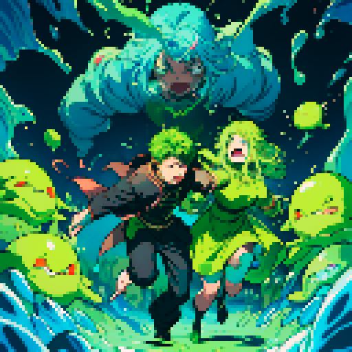 slime surging up around someone, slime engulfing a hero, slime consuming a hero, hero getting engulfed by slime, slime attack, dynamic, slime slamming into someone, impact, splashing slime, full-body image, full-body art, hero's hair and clothing color vary