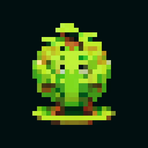 A slightly larger plant-like creature with more defined features, bark-like skin, and budding flowers. It has a friendly expression and a sturdy build. No background.
