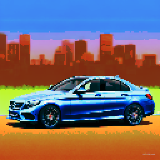 Photorealistic whole Mercedes C Class, three-quarter view, right front wheel, clean background, sRGB colors, pixel art style