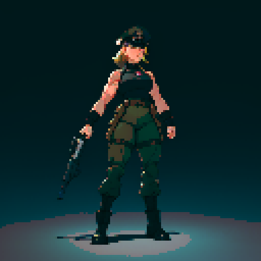 full-body image, muscle girl, female, thick biceps, big shoulders, big fists, muscular physique, thick waist, facing left, ready to fight, exaggerated proportions, black military uniform, black hat, military backdrop, sRGB, pixel art, army behind her, military behind her, army in background, army, soldiers, evil, dark, evil soldiers, nazi