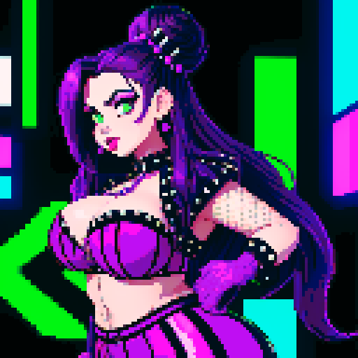 Thicc, curvy, busty goth babe with studded collar, long purple hair in buns, fishnet stockings, studded halter top, dancing in nightclub. neon signage, pixel art, sRGB. 4:5 ratio