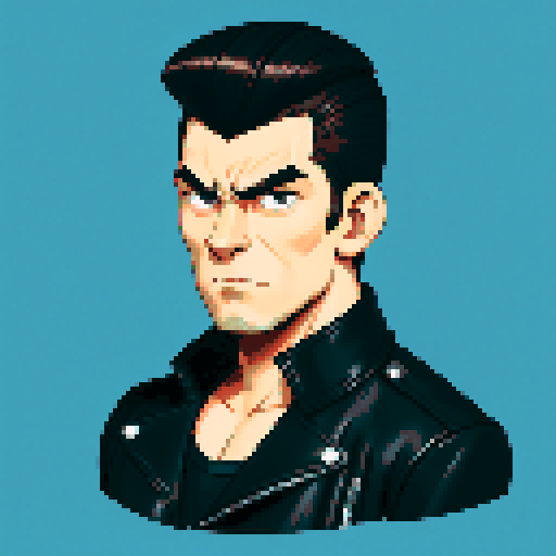 Muscular, tough greaser man with a pompadour hairstyle, wearing a motorcycle jacket, pixel art, sRGB colors, portrait, face avatar