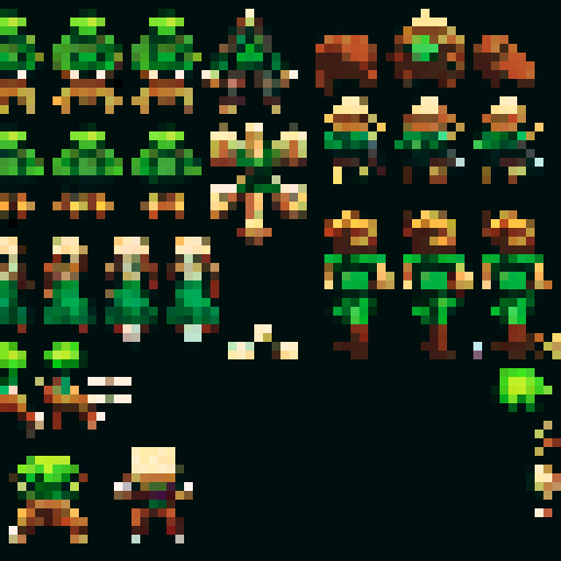 overhead view movement sprite sheet for a ranger in a rpg game serious and detailed with walking in all directions up down left right im using this in asprite