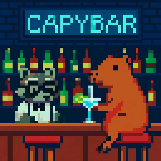 Создай пиксель-арт. Сцена: Капибара на барном стуле пьёт коктейль через трубочку. За стойкой: енот-бармен в очках. На фоне: полки с бутылками, неоновая вывеска "CapyBar" (бирюзовый свет). Стиль: чёткие пиксели (no anti-aliasing), плоские цвета.