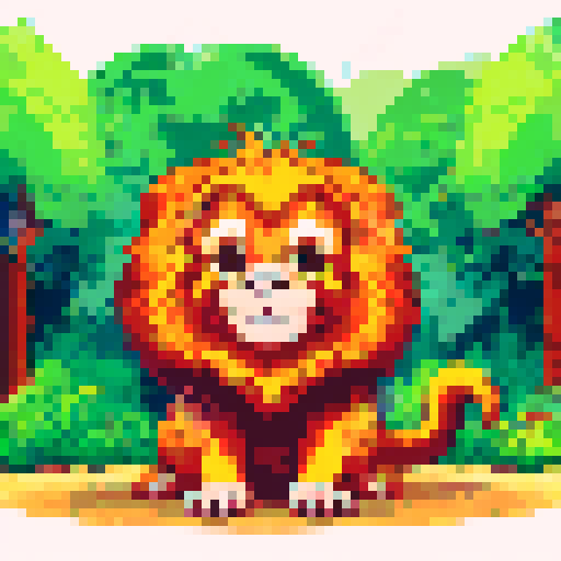 cute golden lion tamarin, lush green foliage, dappled sunlight, vibrant orange fur, expressive round eyes, playful stance, detailed pixelated textures, vibrant color palette, forest floor, tall trees, soft shadows