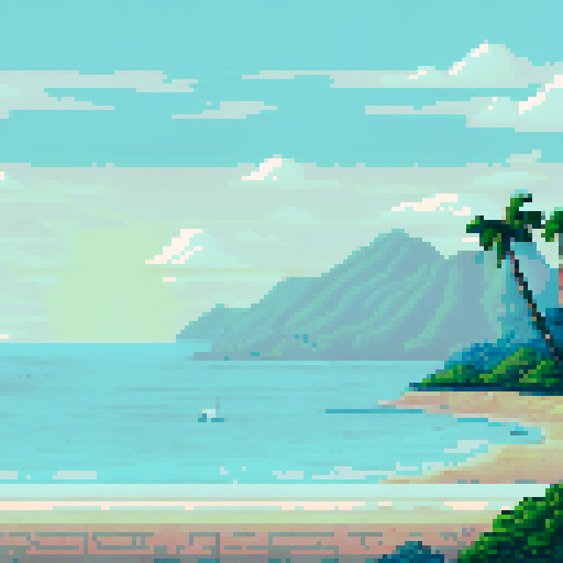 sunrise, calm ocean, horizon, rock columns, palm trees, clouds, pixel art, sRGB, beach, background, landscape

