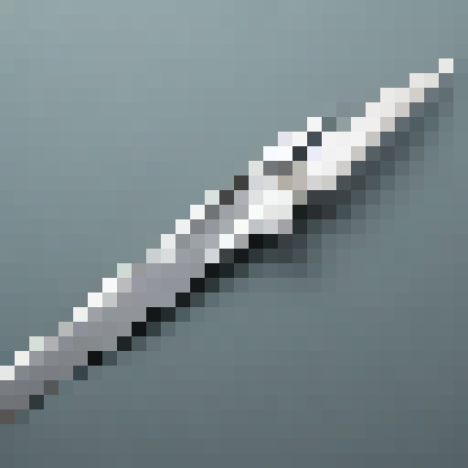 Top-down view of a metallic, gleaming iron sword with a sharp, pointed blade lying horizontally on a plain, grey background in a minimalist, 2D art style.