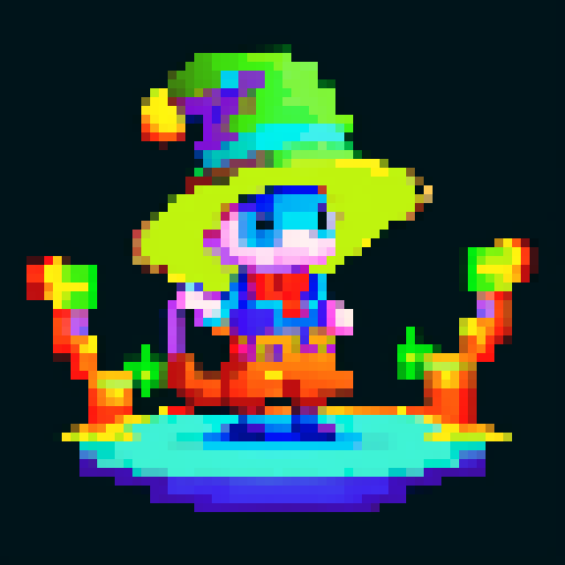 Sewer rat with magic hat, pixelated coding, vibrant sRGB colors