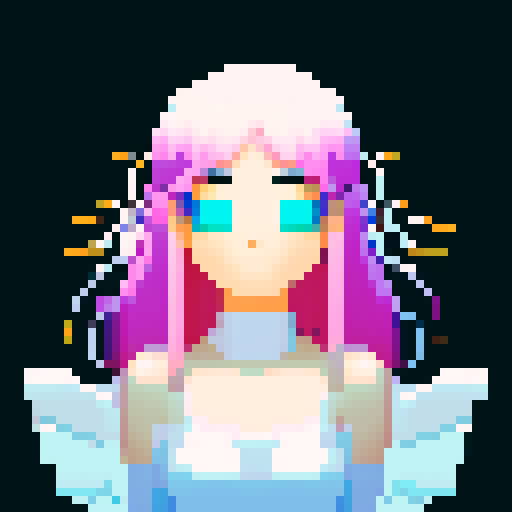 
Beautiful, ethereal angel with shimmering wings and flowing, liquid-like chrome body, rendered in minimalist pixel art with vibrant, dazzling sRGB colors