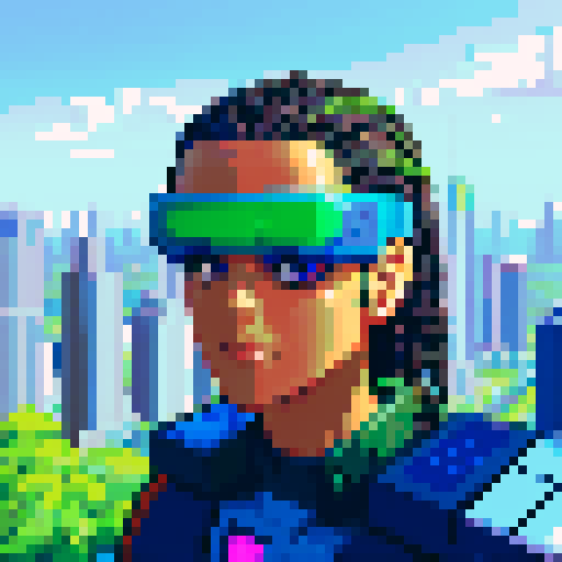 solarpunk American messiah, vibrant colors, lush greenery, futuristic cityscape, towering solar panels, gleaming skyscrapers, pixel art, sRGB