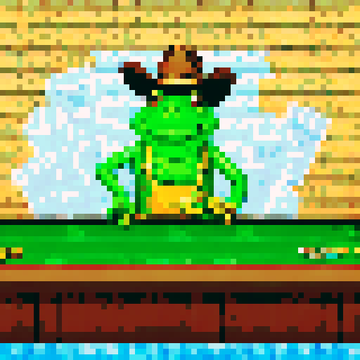Green fanny frog, wearing a cowboy hat and a sly expression, sits at a poker table smoke weed , with casino in the background, all in a pixelated and vivid sRGB style