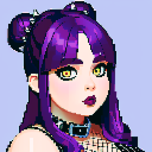 Pretty Face Portrait of Thicc, curvy, busty goth babe with studded collar, long purple hair in buns, fishnet stockings, studded halter top. pixel art, sRGB.
