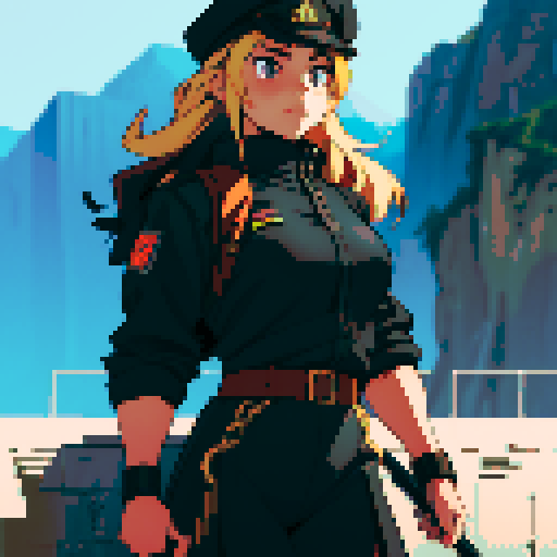 muscle girl, female, thick biceps, exaggerated proportions, black military uniform, black hat, military backdrop, sRGB, pixel art